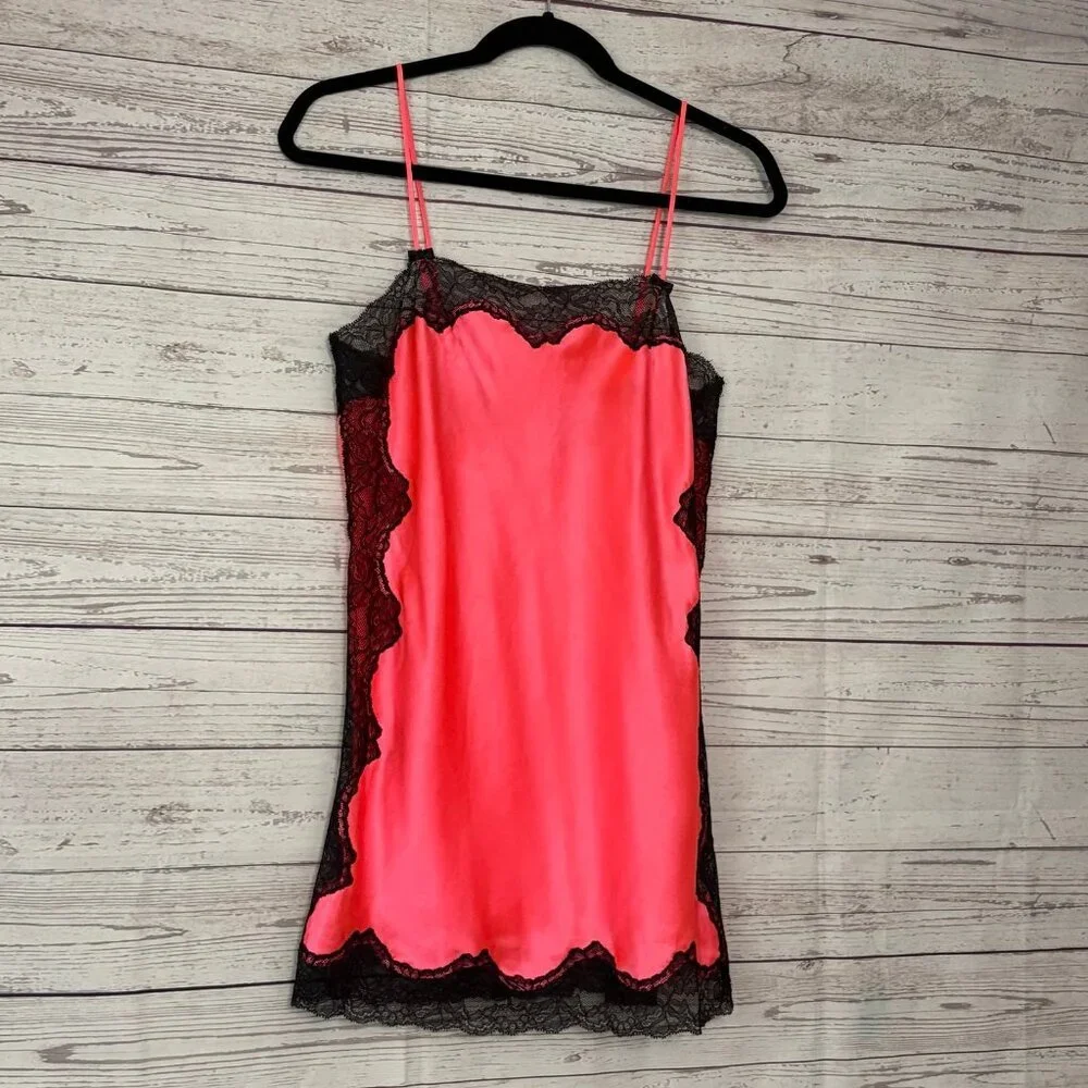 Victoria Secret Hot Pink Black Lace‎ Lingerie Slip S/P